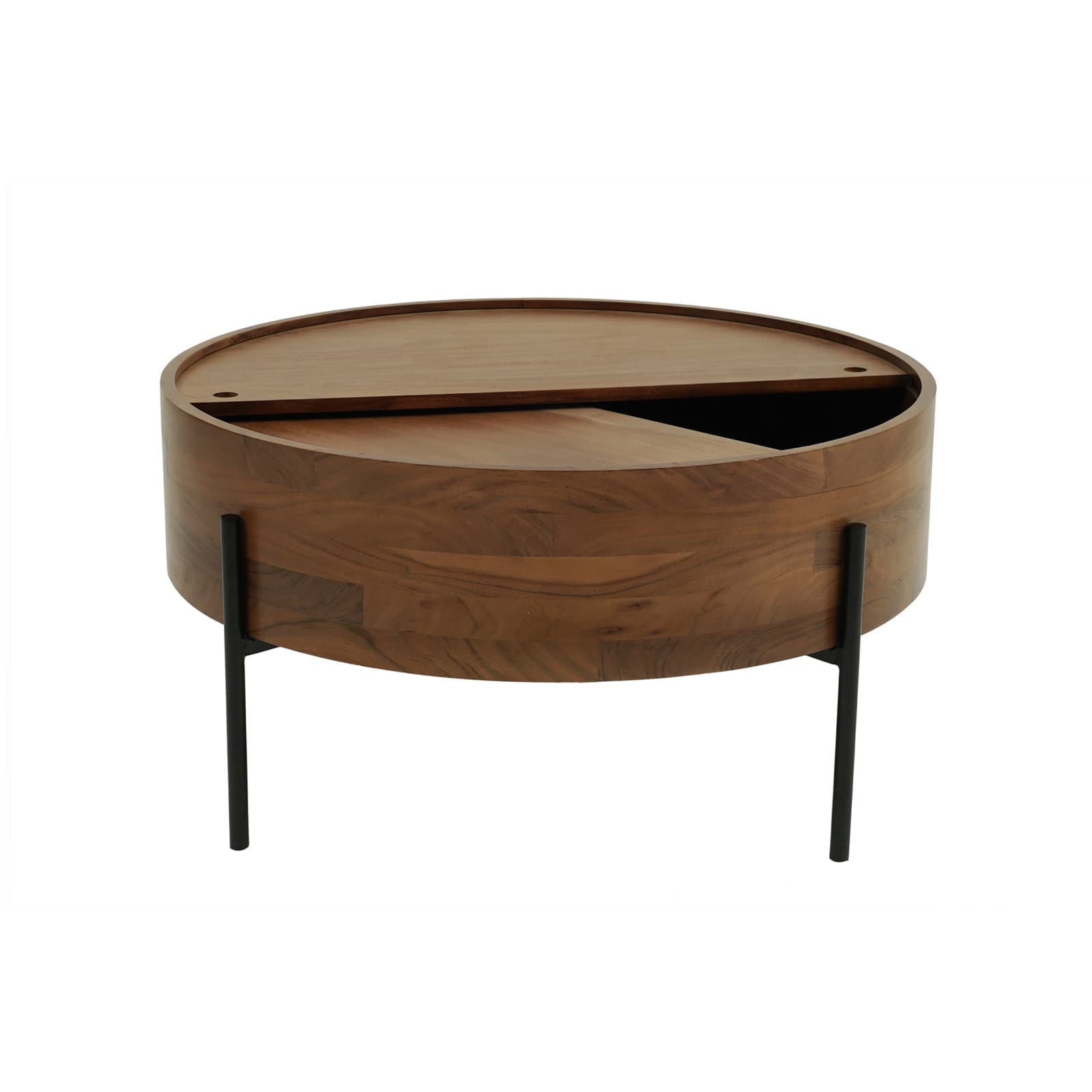 Round Coffee Table With Solid Wood Top And Iron Base