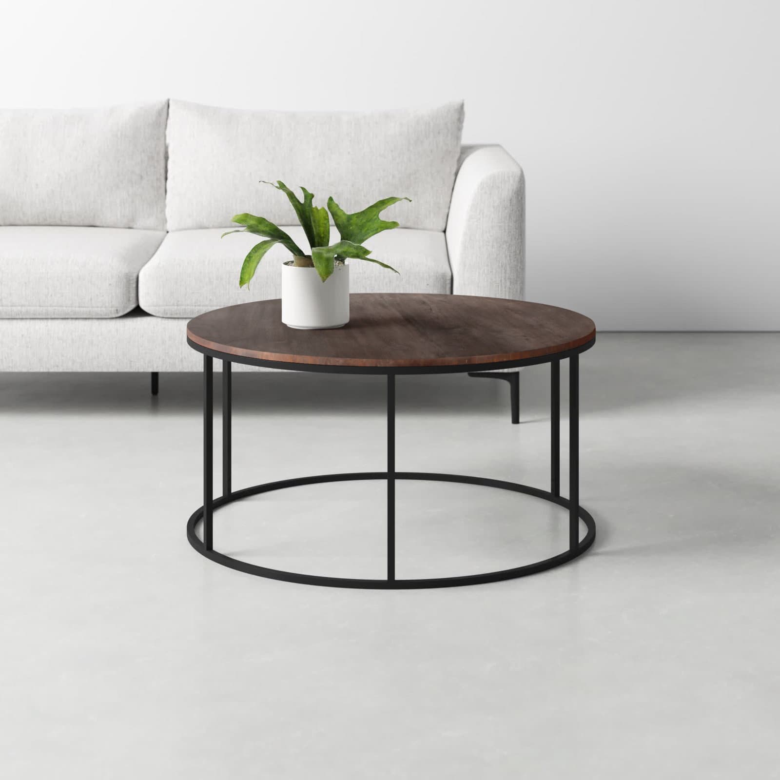 Round Coffee Table With Solid Wood Top And Iron Base