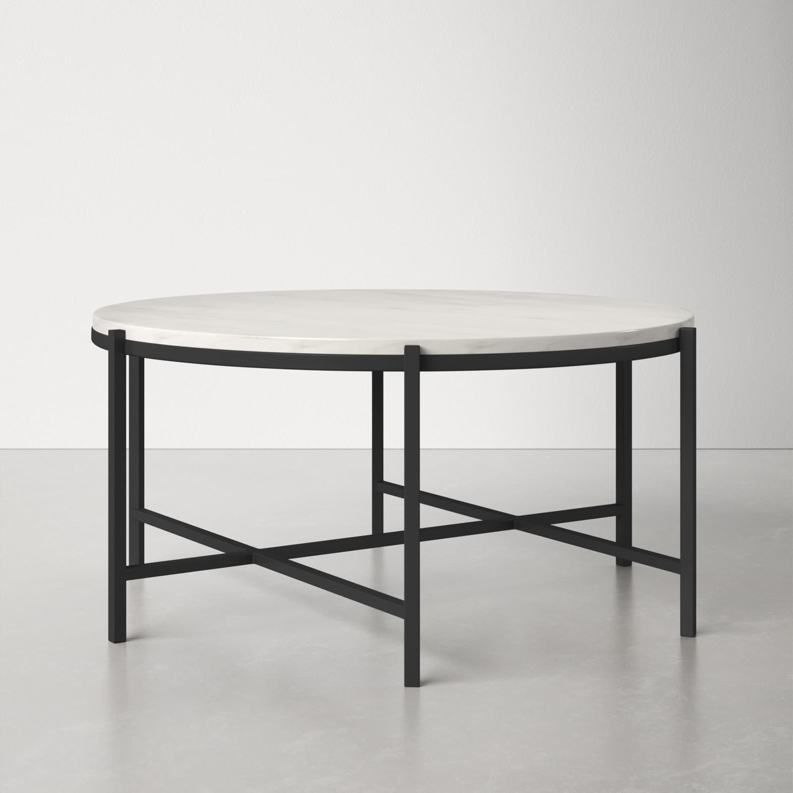 Round Coffee Table With Genuine Marble Top And Metal Base
