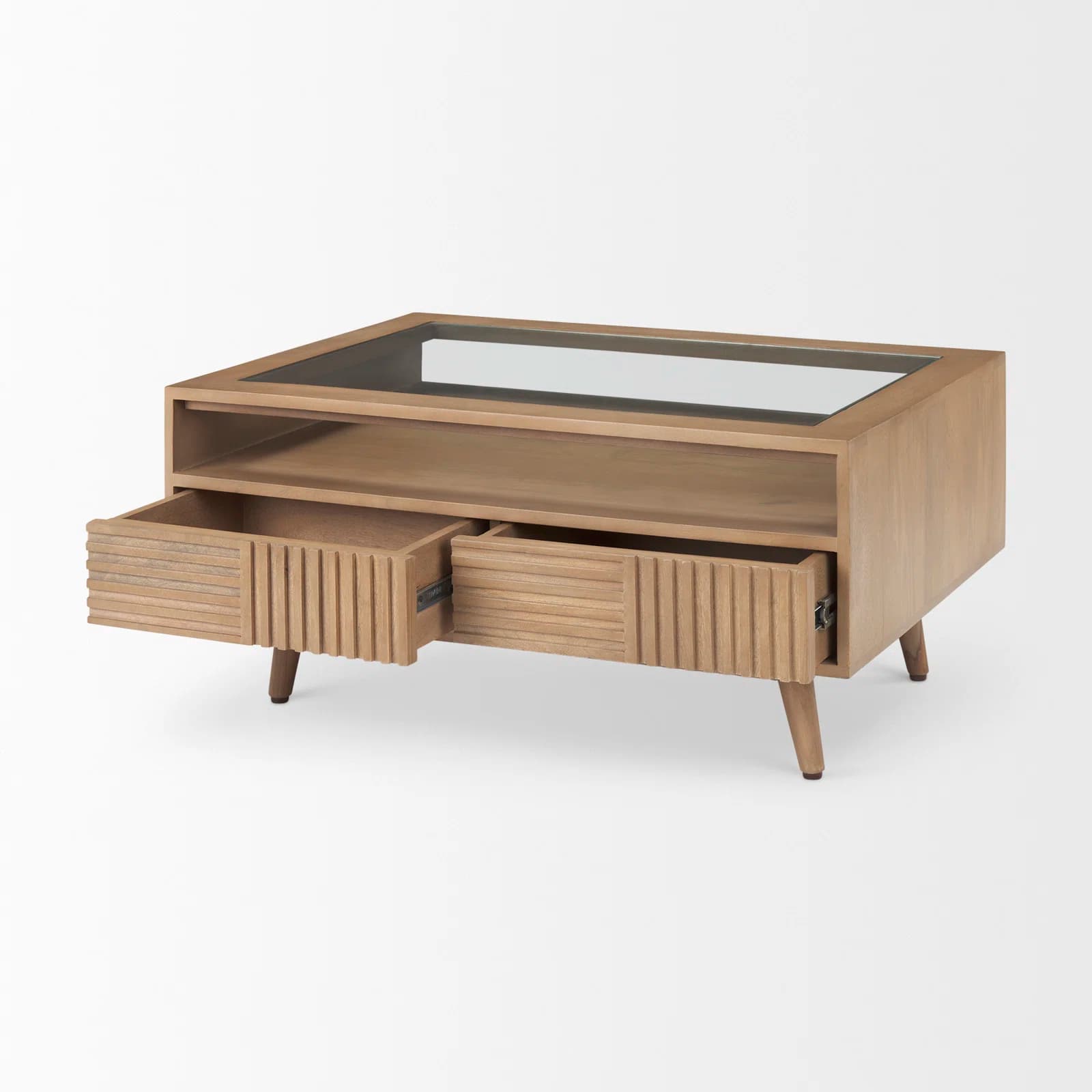 Rectangular Coffee Table With Glass Solid Wood Top And Solid Wood Base